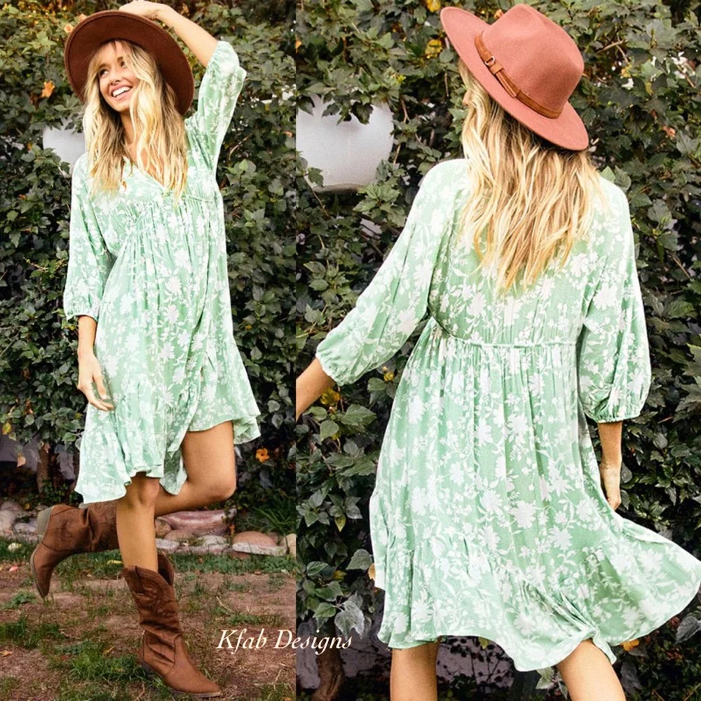 ❤️LAST 2 V Neck Floral Asymmetrical Hem 3/4 Sleeve Shirred Pleating Detail Dress - Picture 2 of 8